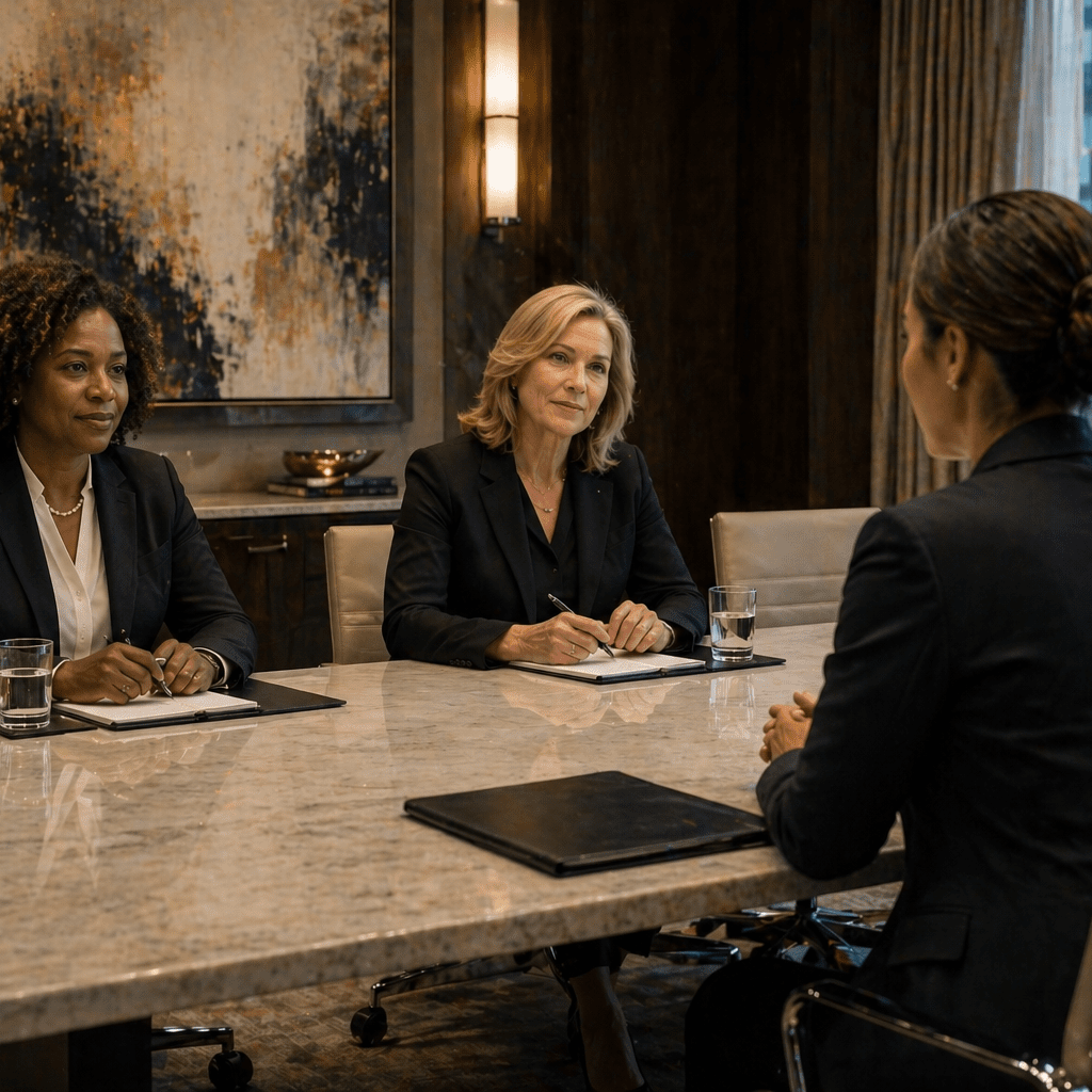 Two professionals sit across a conference table from a client in a modern office, taking notes during a formal meeting or interview.